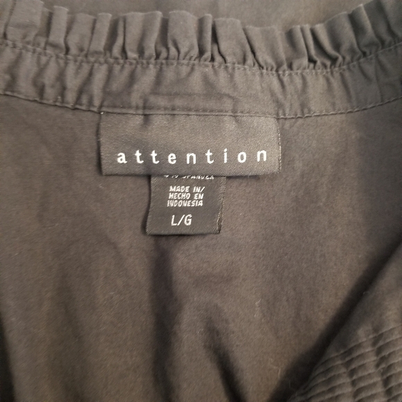 BLACK Button Front Short Sleeve Cotton Lightweight Ruffle Neck Blouse Size Lg - Picture 5 of 7